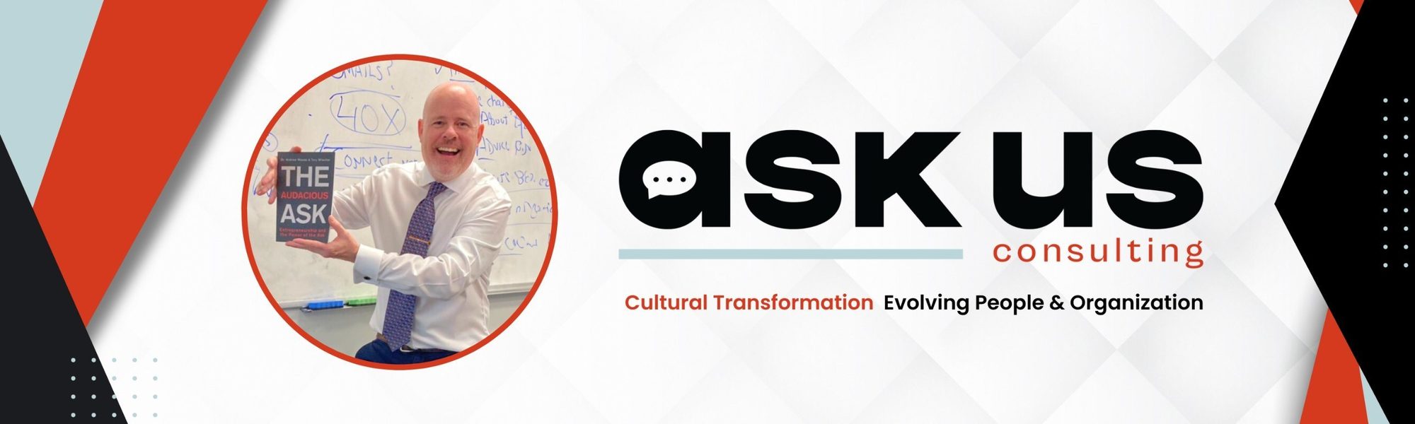 Ask Us Consulting sosyal medya kapağı: logo, kitap ve kurucunun fotoğrafı