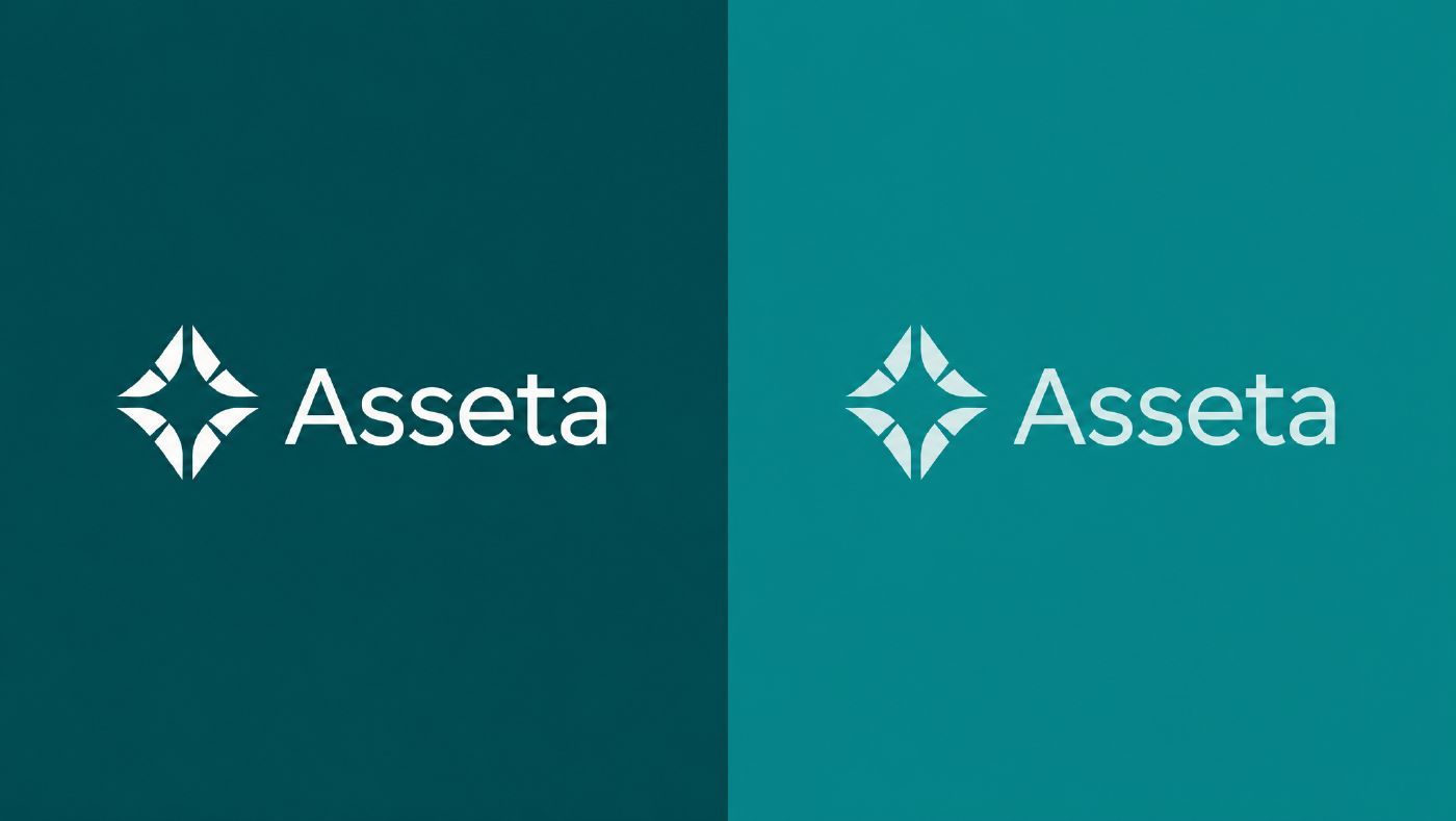 Asseta logosu iki farklı petrol yeşili zeminde, beyaz