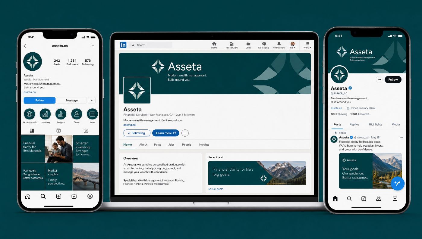 Asseta sosyal medya profilleri telefon ve dizüstü ekranlarında