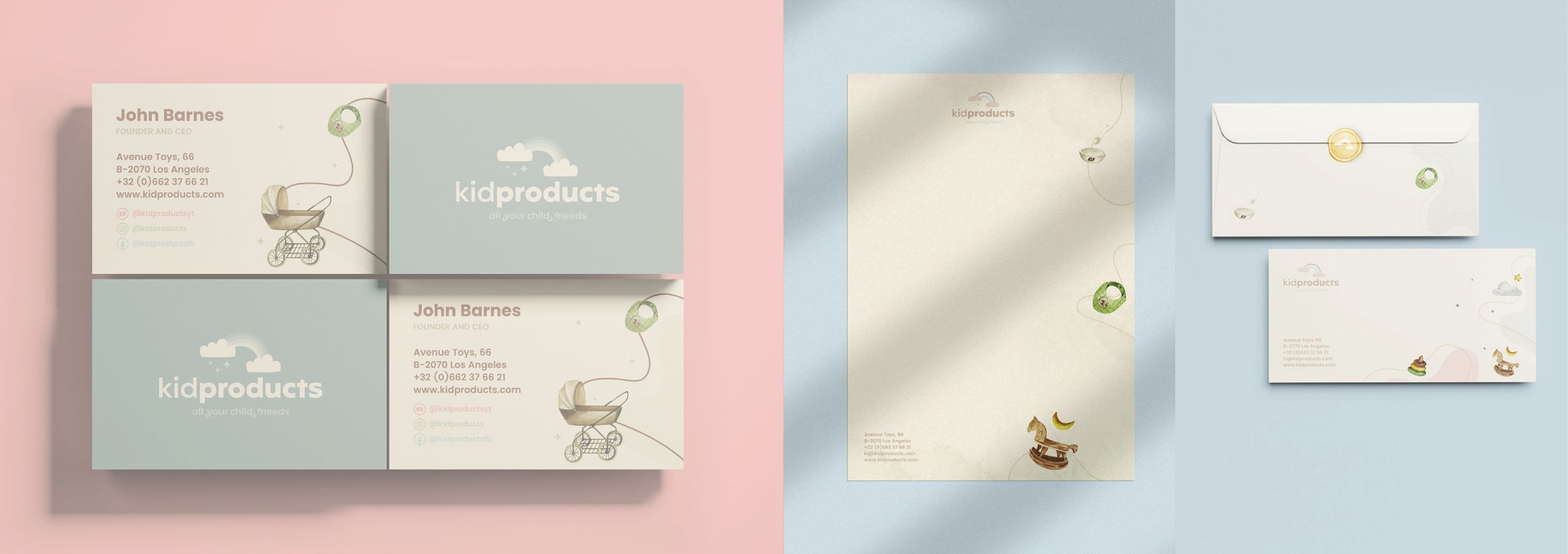 Pembe zemin üzerinde kidproducts kartvizitleri