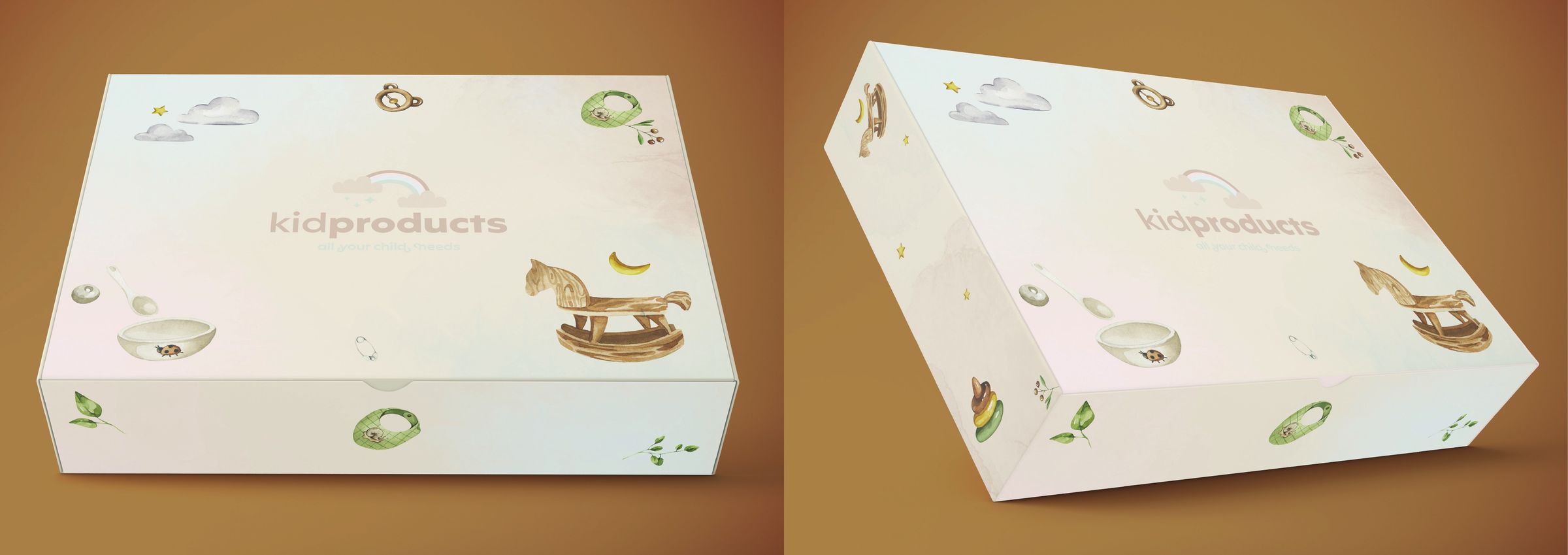 Suluboya illüstrasyonlarla süslenmiş kidproducts kutusu