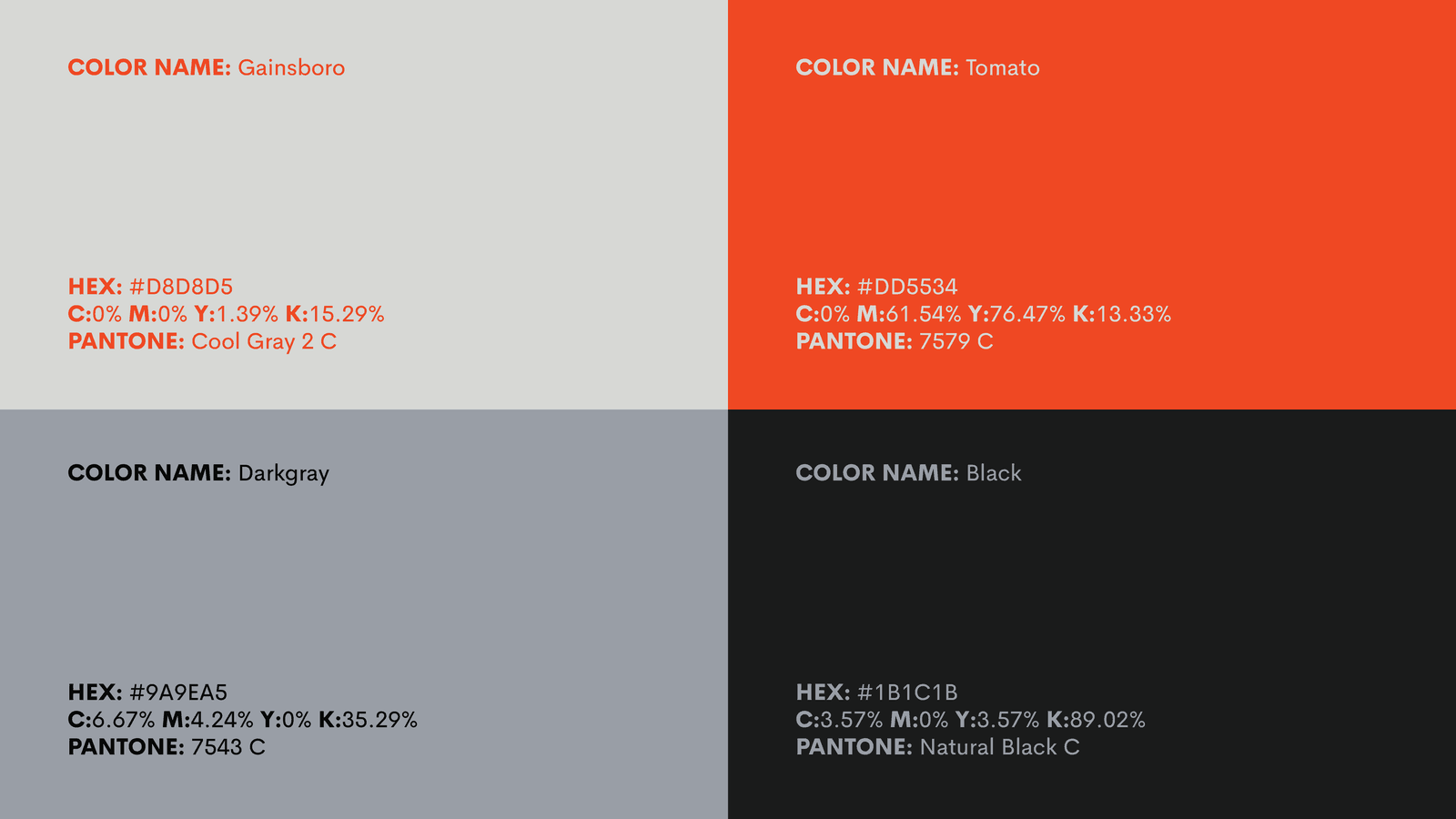 Renk paleti: Gainsboro, Tomato, Darkgray ve Black; HEX, CMYK ve Pantone değerleriyle