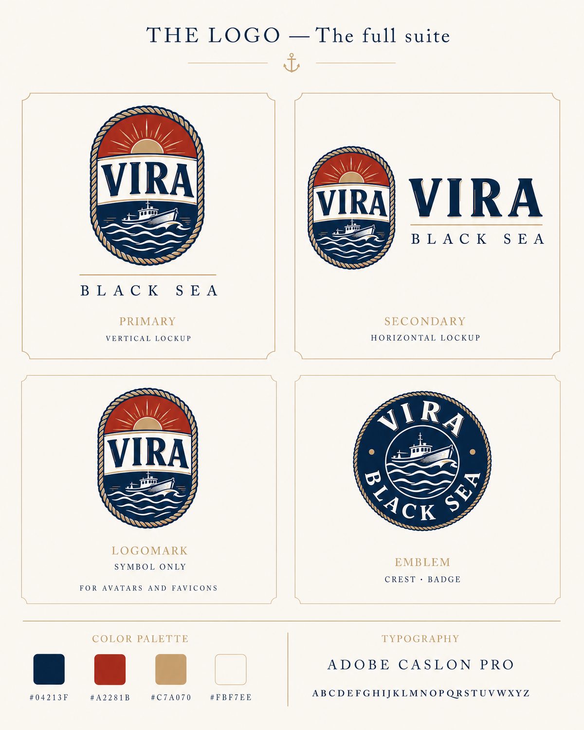 Vira Black Sea logo seti: dikey, yatay, sembol ve rozet düzenleri; renk paleti ve Adobe Caslon Pro yazı tipi