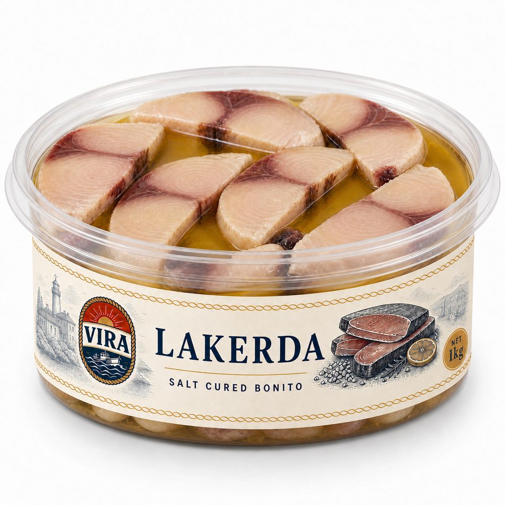 Vira lakerda, 1 kg şeffaf kova ve krem etiket