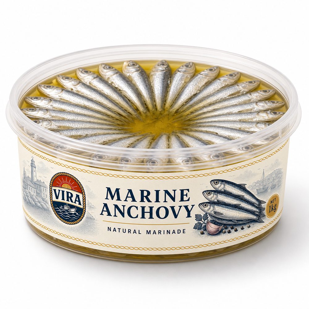 Vira marine hamsi, 1 kg şeffaf kova ve krem etiket