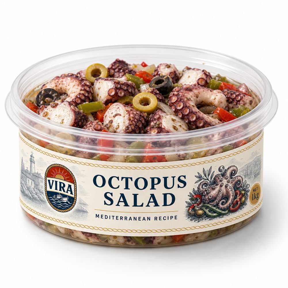 Vira ahtapot salatası, 1 kg şeffaf kova ve krem etiket