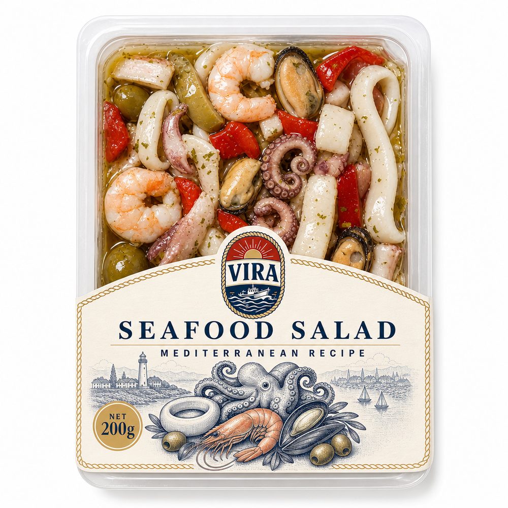 Vira deniz mahsulleri salatası, 200 g şeffaf tepsi ve krem etiket