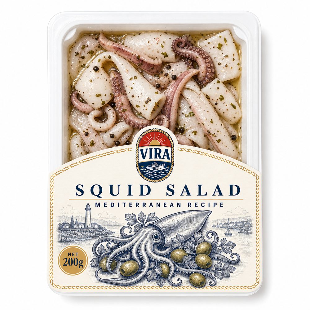 Vira kalamar salatası, 200 g şeffaf tepsi ve krem etiket